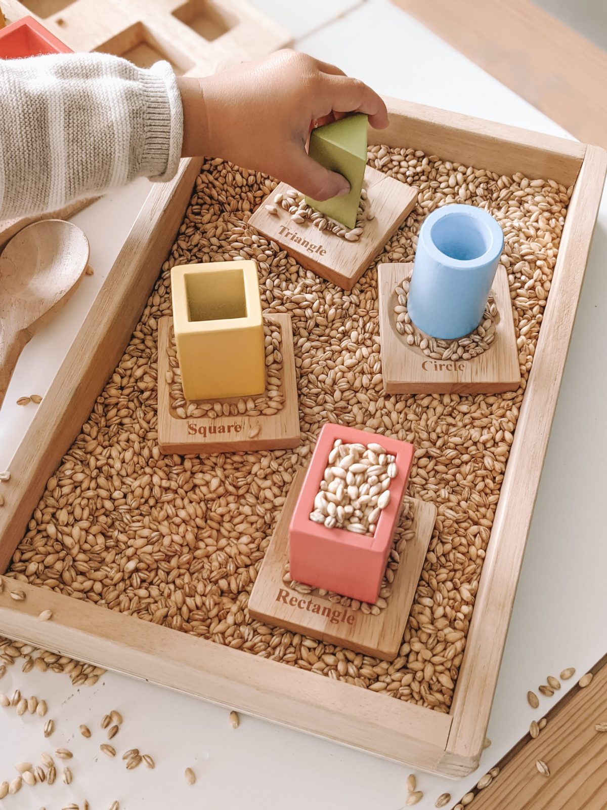 Colorful Montessori toy with shapes in a sensory tray, promoting sorting and fine motor skills for toddlers.