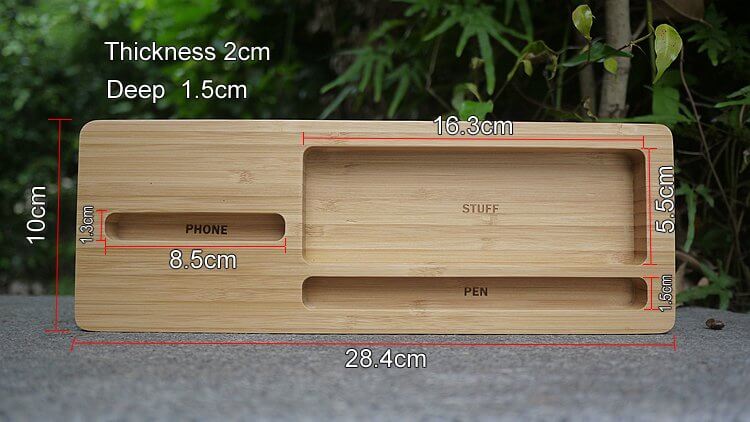 Bamboo desktop organizer dimensions showing sections for phone, pen, and general storage, eco-friendly desk accessory.