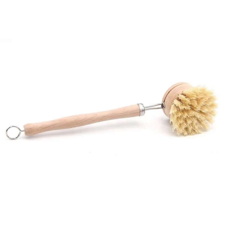 Bamboo sisal dish brush with natural bristles for eco-friendly dishwashing.