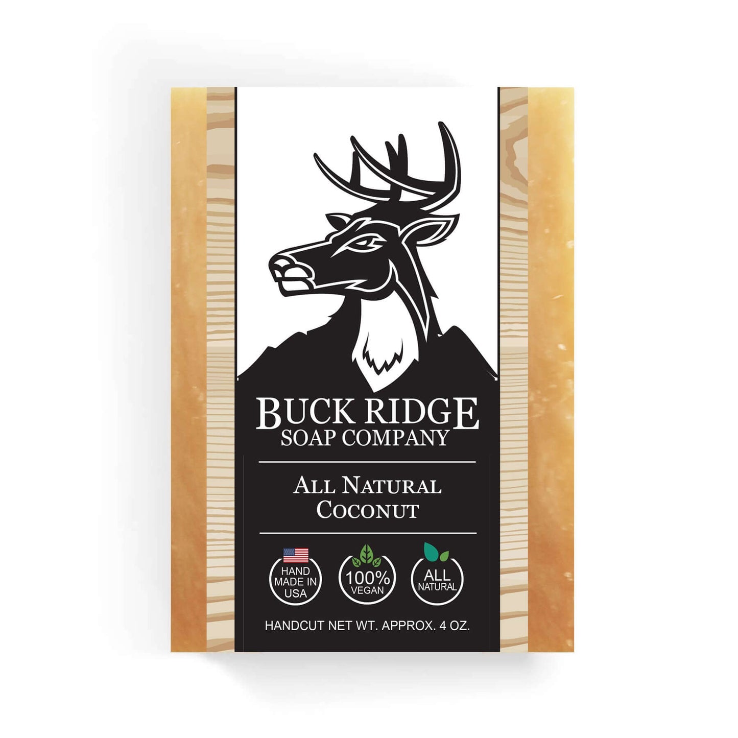 Buck Ridge All Natural Coconut Handmade Soap bar featuring eco-friendly packaging and a deer logo, weighing 4 oz.