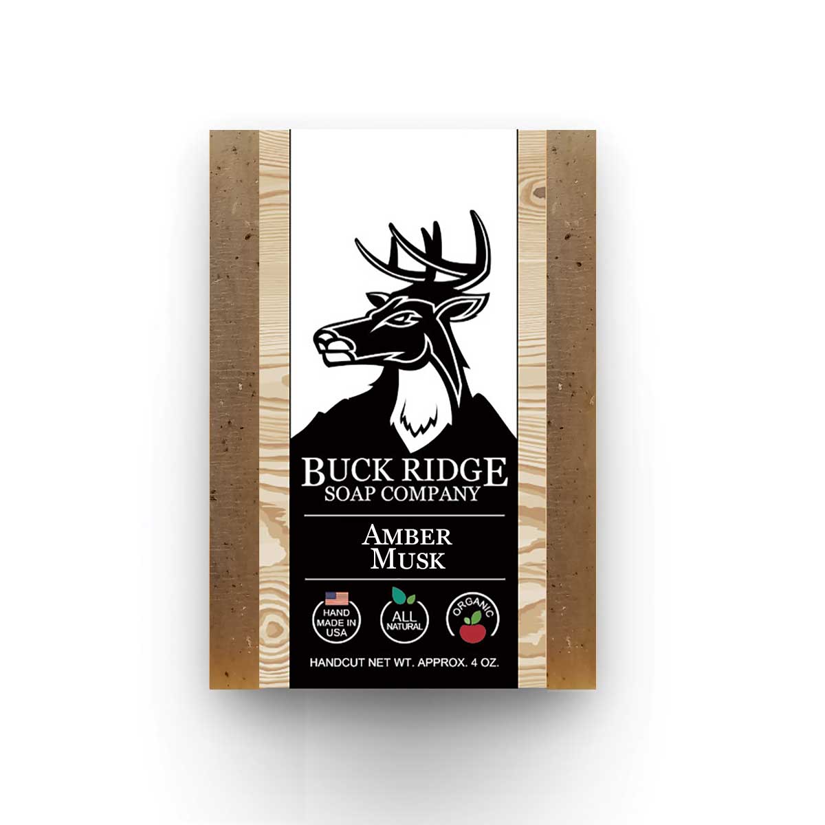 Buck Ridge Amber Musk Handmade Soap packaging, featuring earthy colors and natural ingredients for a subtle fragrance.