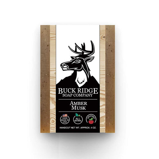 Buck Ridge Amber Musk Handmade Soap packaging, featuring earthy colors and natural ingredients for a subtle fragrance.