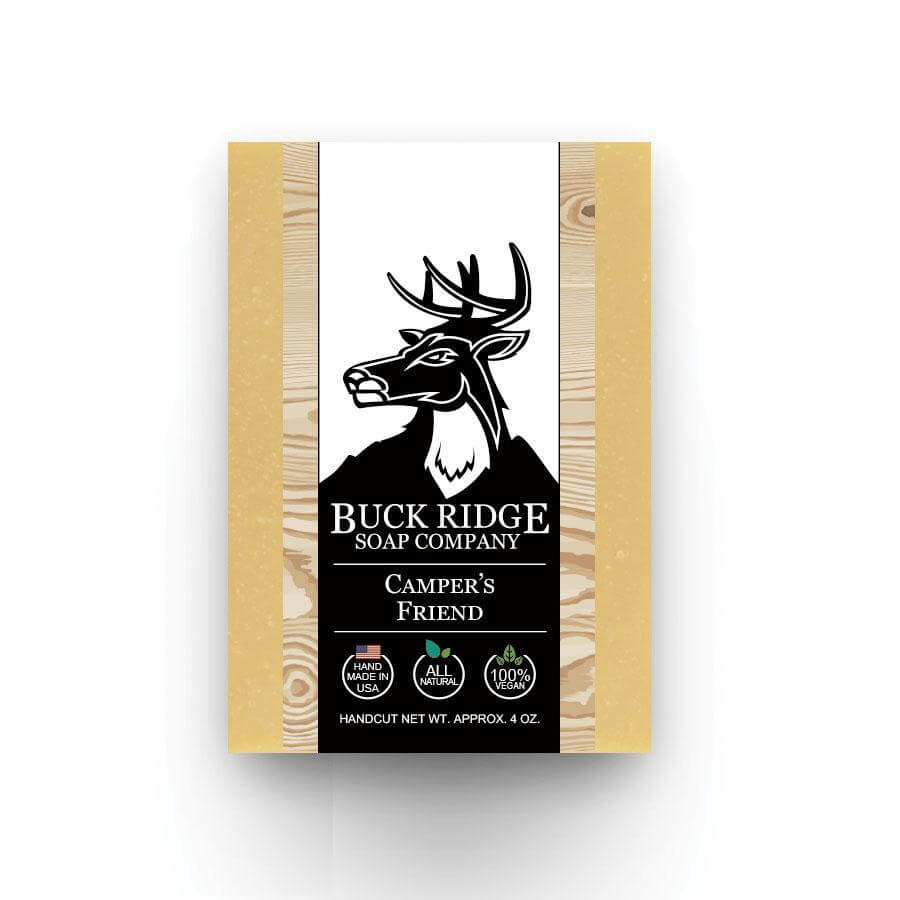 Buck Ridge Soap Company's Campers Friend soap bar packaging designed for outdoor enthusiasts, featuring a deer logo.