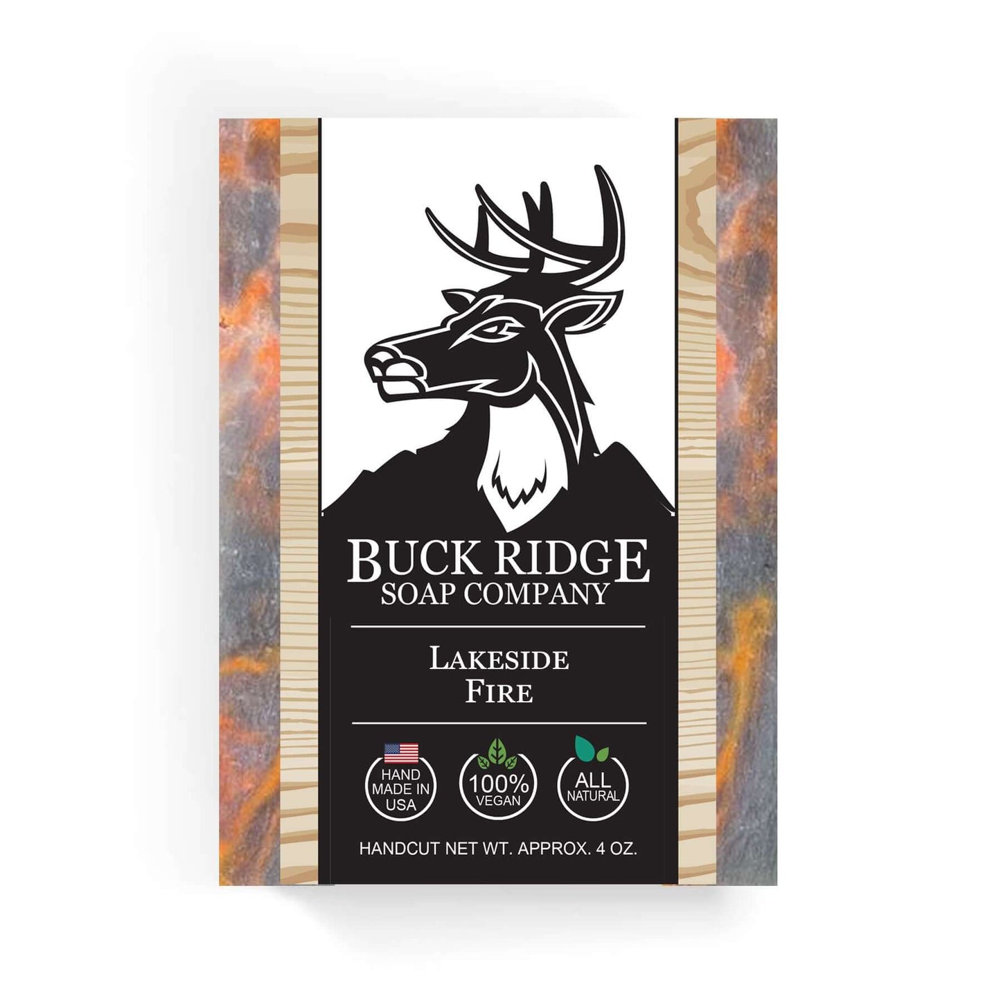 Buck Ridge Soap Company Lakeside Fire handcrafted soap with natural ingredients, vibrant colors, and eco-friendly packaging.