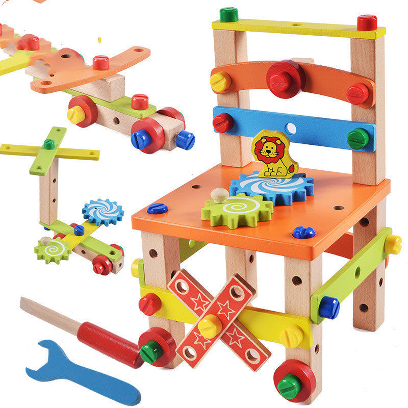 Colorful children's chair building block toy with nuts and tools for creative play, made from eco-friendly wood.