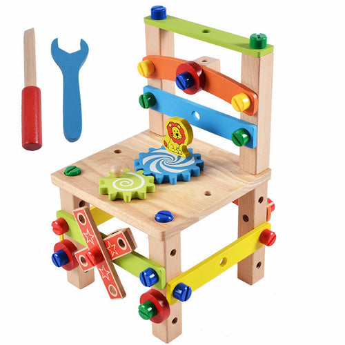Colorful wooden children's chair building block toy with screws, a hammer, and a wrench for creative play.