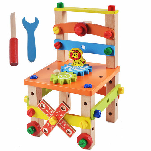 Colorful wooden children's chair building block toy with tools, encouraging creativity and safe play for young builders.