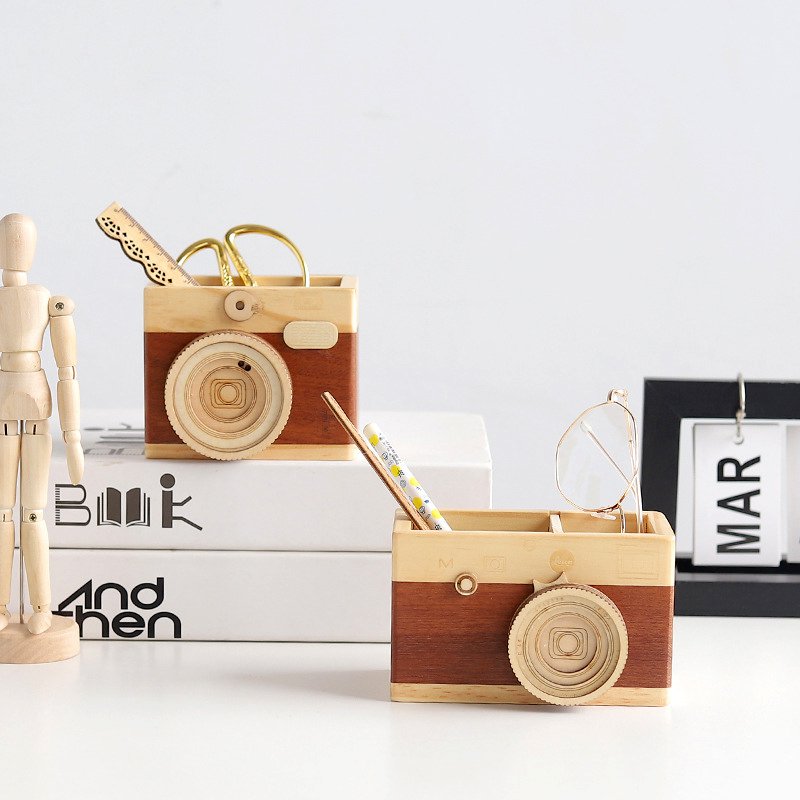 Wood Camera Pen Container | Eco-Friendly & Stylish Desk Organizer 📸✍️