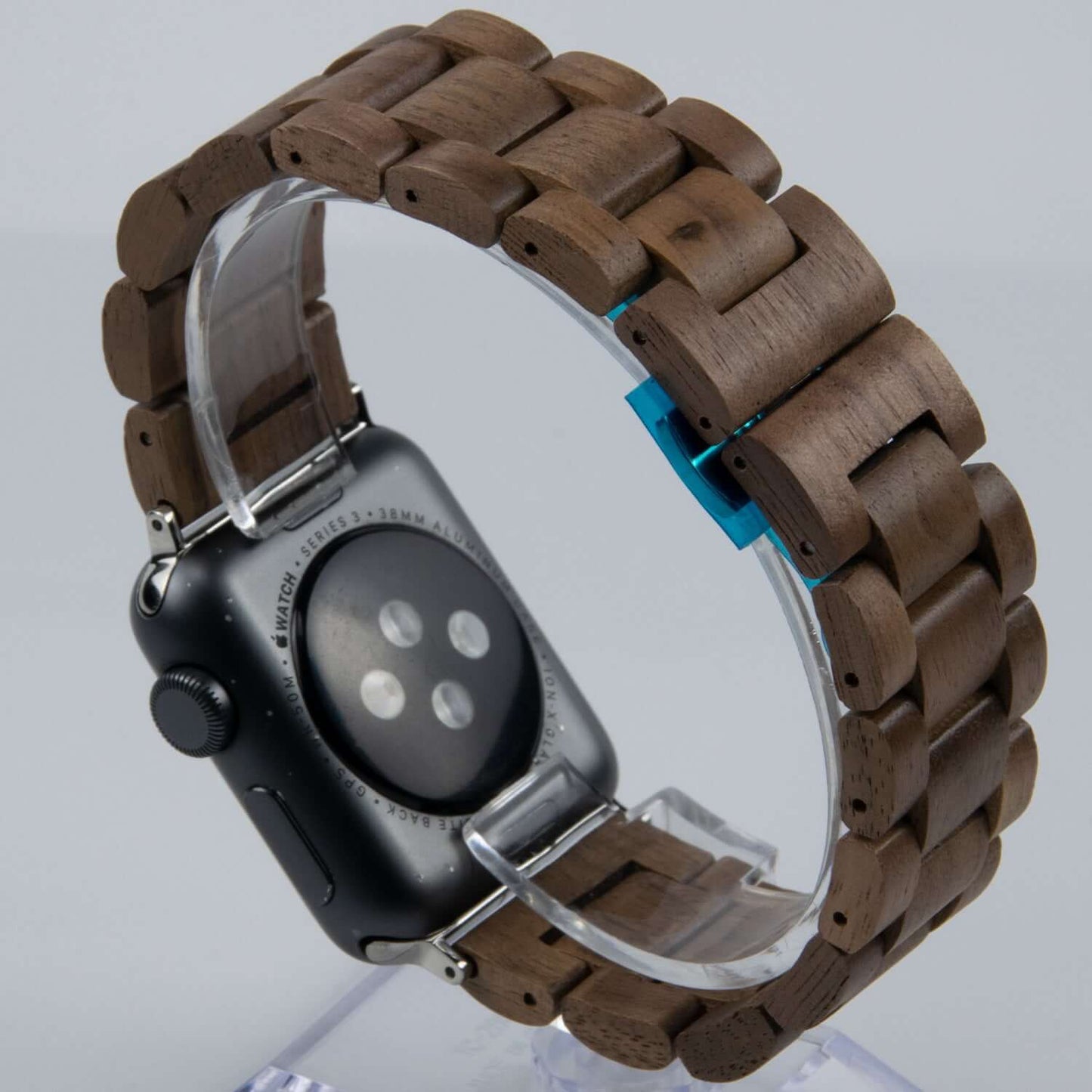 Handmade wooden Apple Watch band made of natural ebony, showcasing a stylish design for all Apple Watch sizes.