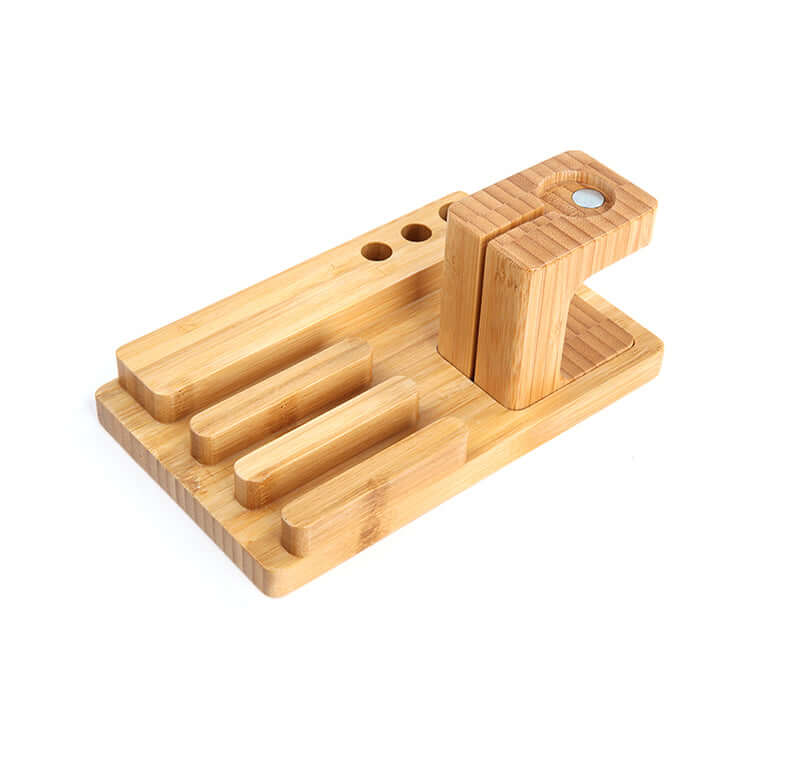 Handcrafted bamboo docking station with 4 USB ports, eco-friendly design for charging Apple devices.