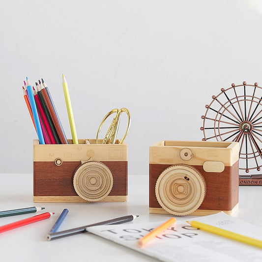 Wood Camera Pen Container | Eco-Friendly & Stylish Desk Organizer 📸✍️