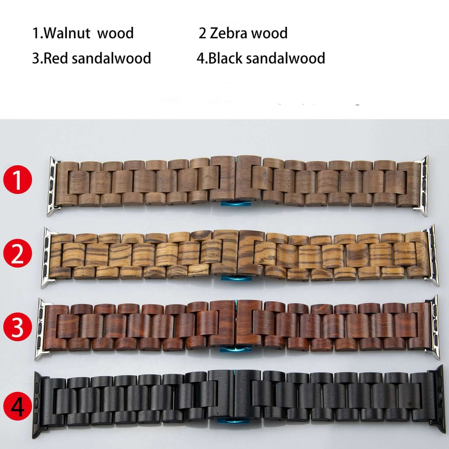Four types of handmade wooden Apple Watch bands: walnut, zebra, red sandalwood, and black sandalwood.