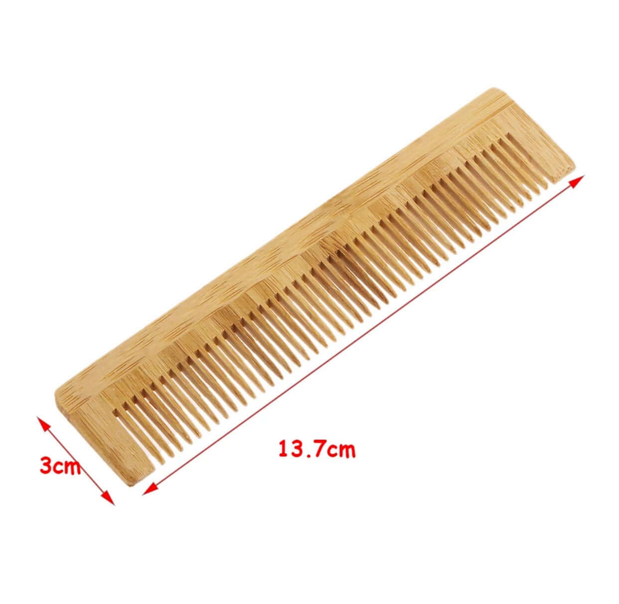 Plastic free natural bamboo comb measuring 13.7cm x 3cm, eco-friendly and gentle on all hair types.