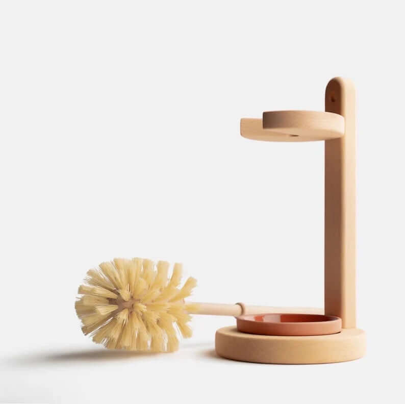 Plastic-free natural sisal bristles toilet brush with beechwood stand, eco-friendly bathroom accessory.