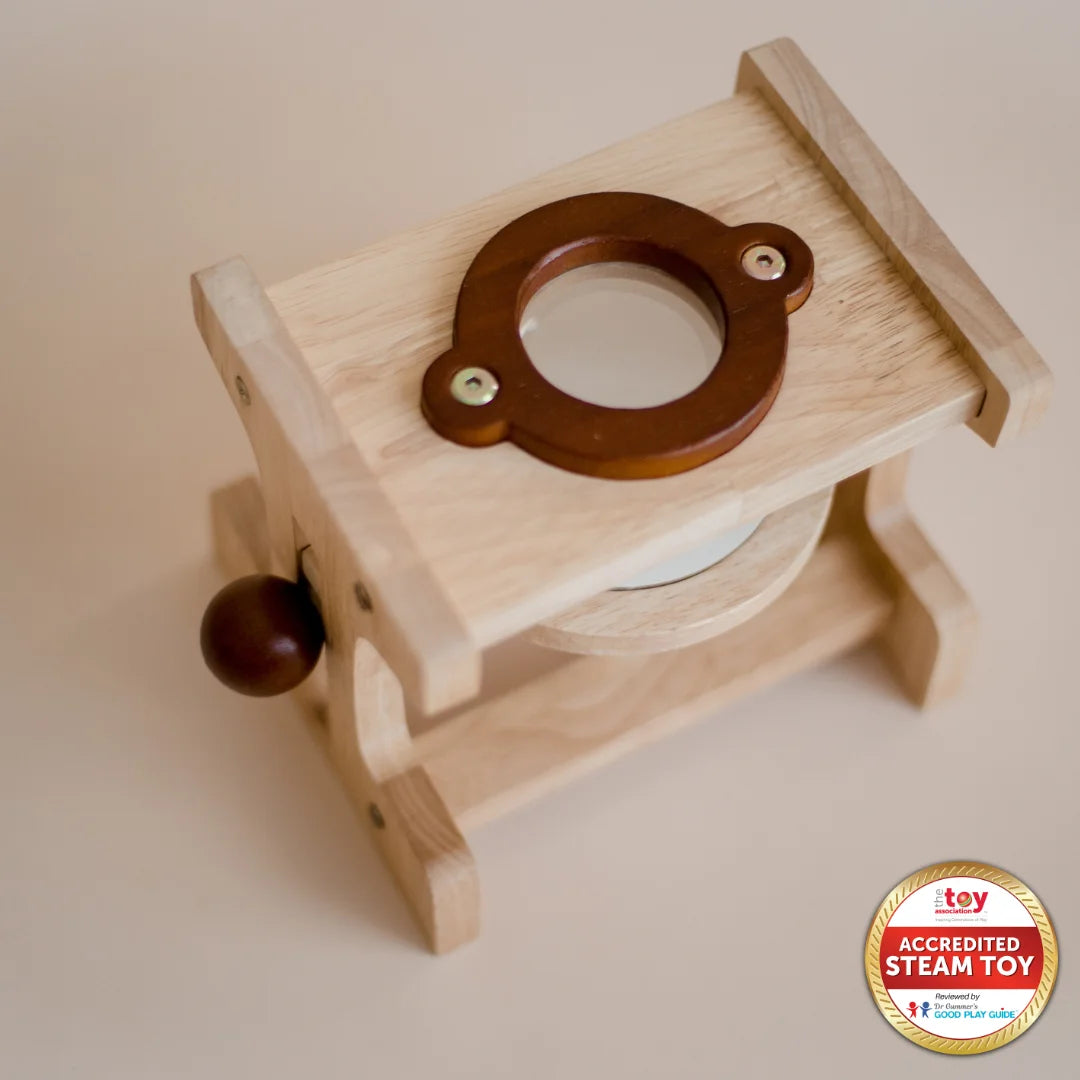 Wooden microscope toy for kids, eco-friendly design, encourages scientific exploration and curiosity.