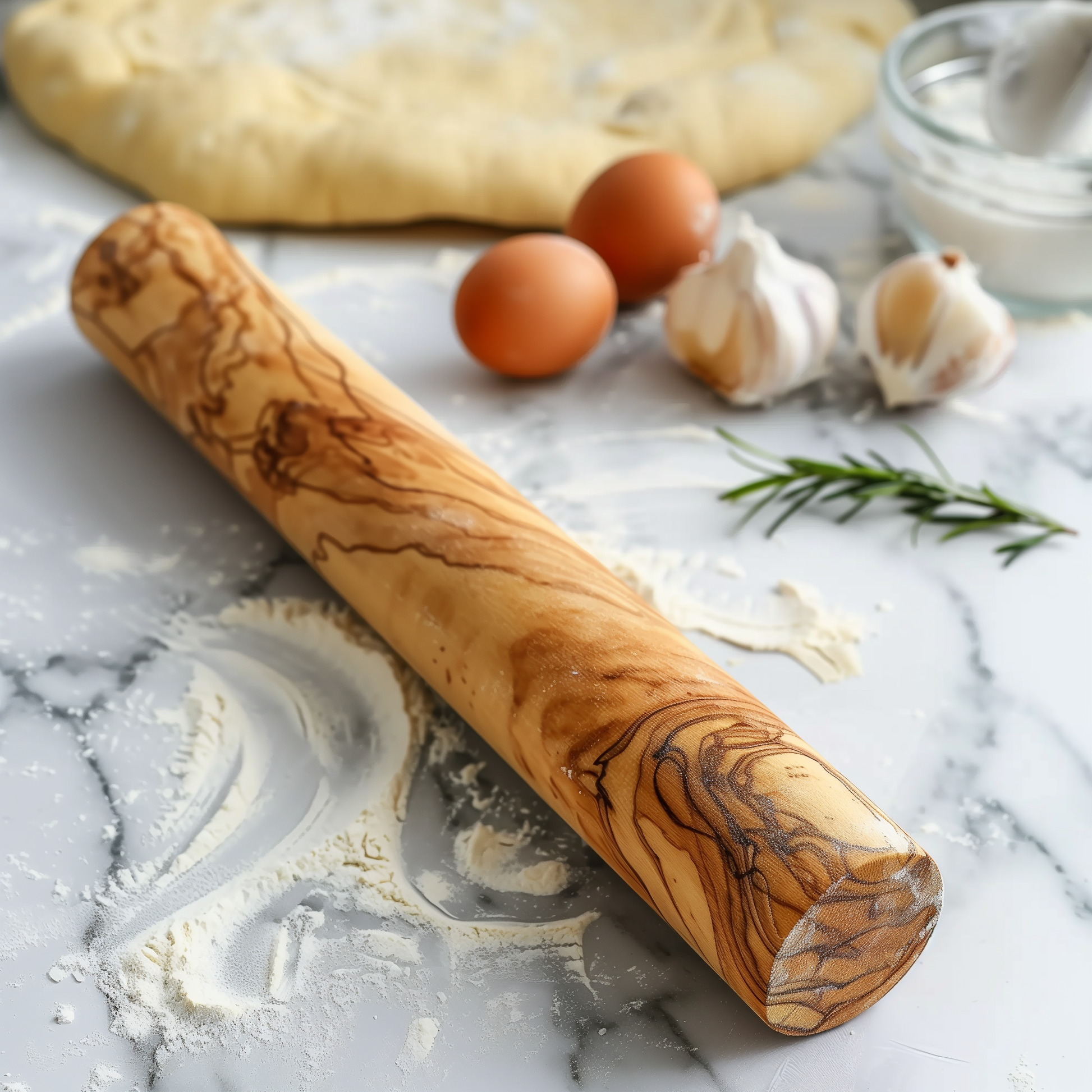 Handcrafted olive wood rolling pin on marble surface with dough, eggs, and garlic, perfect for effortless baking.