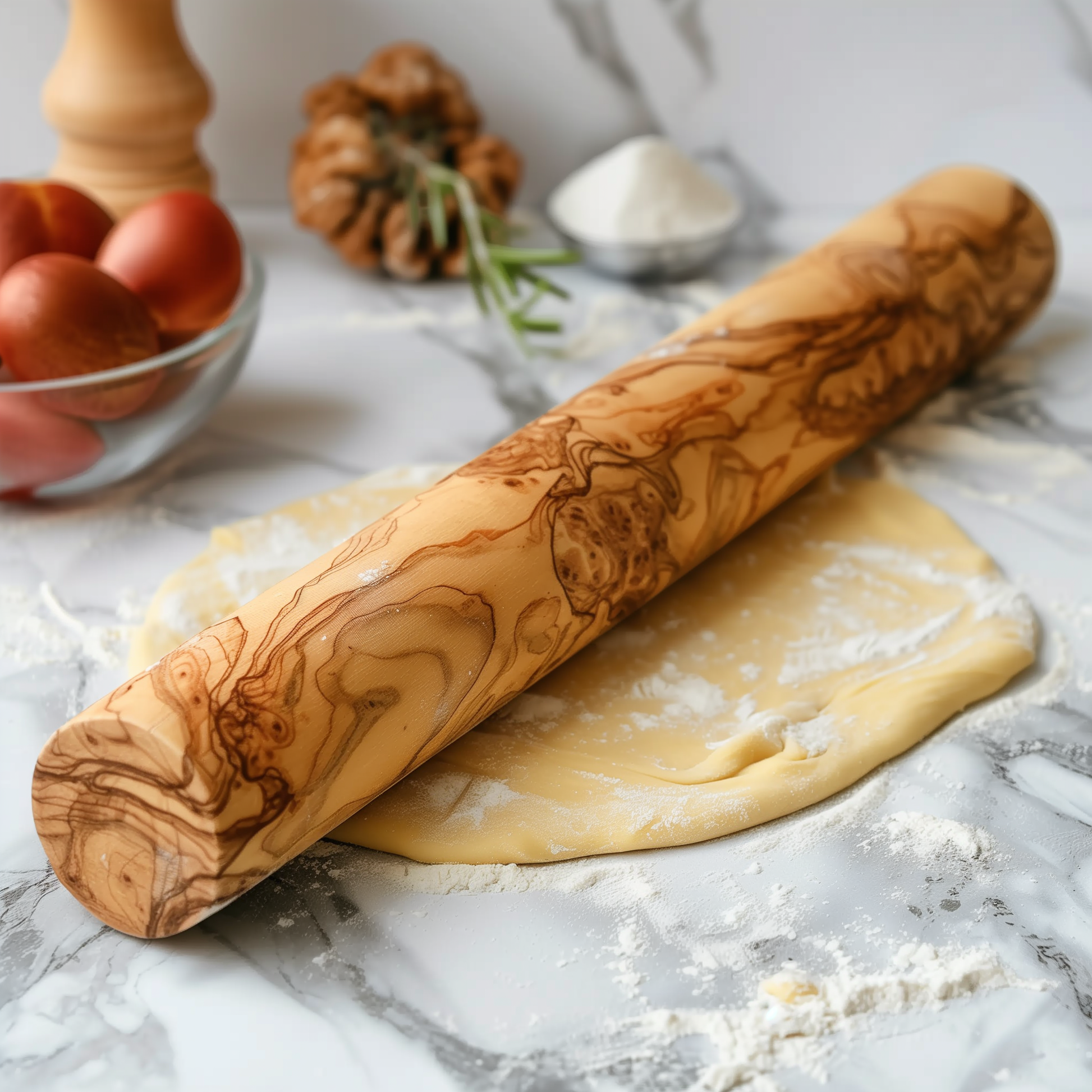 Handcrafted olive wood rolling pin on dough, showcasing smooth design for effortless baking, perfect for pies and pastries.