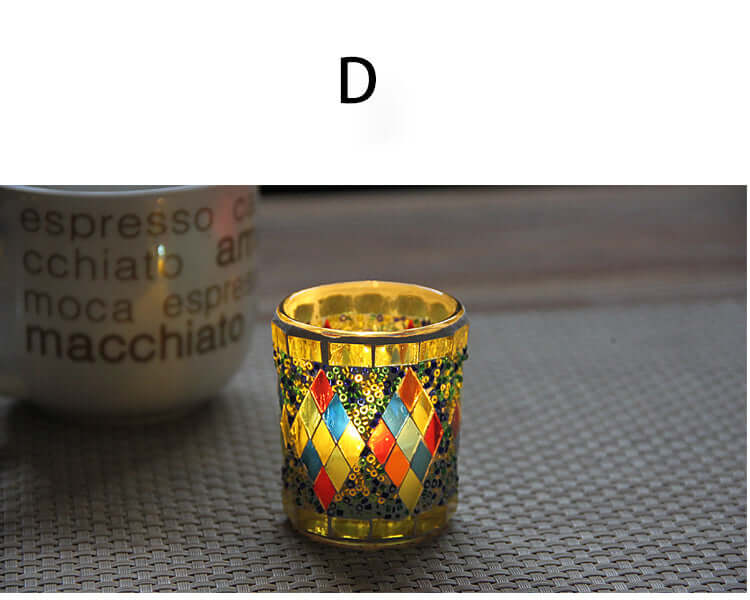 Colorful handmade glass candle holder with mosaic design, perfect for tealights in any home decor.
