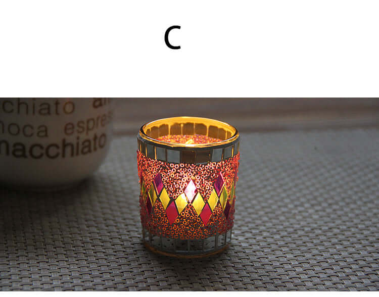 Handmade glass tealight holder with colorful mosaic design, perfect for home decor and gifting.