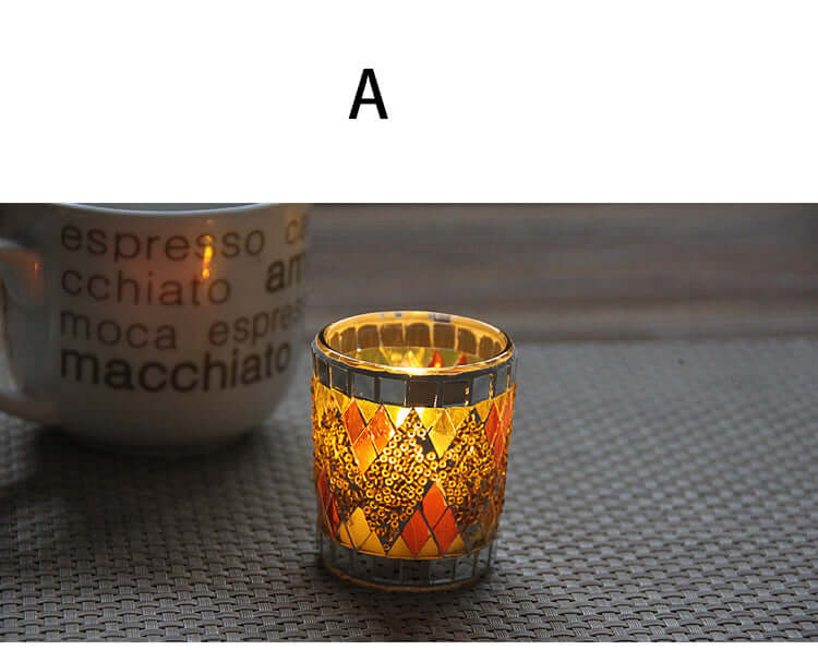 Handmade glass mosaic tealight holder with colorful patterns, perfect for home decor and gifting.