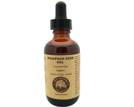 Organic Pumpkin Seed Oil, cold-pressed, rich in zinc and essential fatty acids for skin lifting and firming.