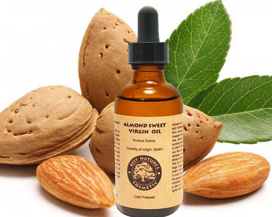 Almond Sweet Virgin Oil bottle with almonds and leaves, organic, cold-pressed moisturizer for skin care.