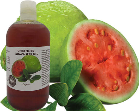 Organic unrefined Guava Seed Oil with fresh guava fruit, rich in vitamins and minerals for skin health.