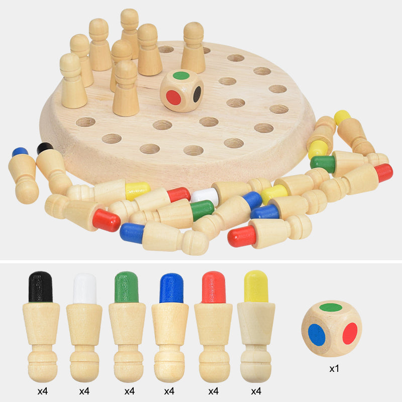Kids wooden memory match stick chess game with colorful pieces and a matching board.