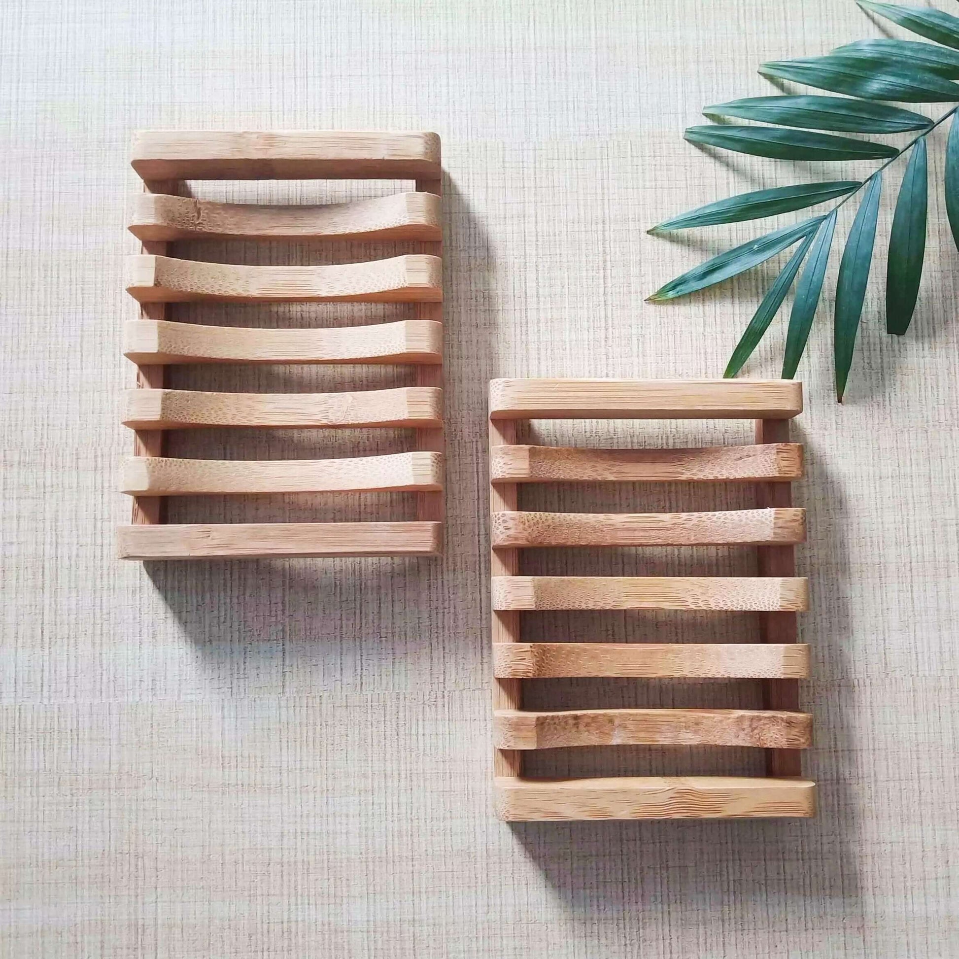 Natural bamboo soap dish set for eco-friendly, zero waste bathrooms.