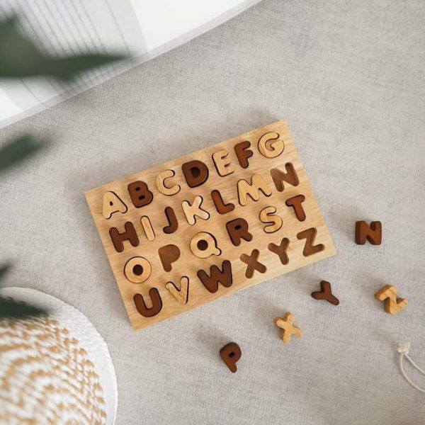 Natural Capital Letter Puzzle in natural wood finish, showcasing letters A-Z for kids' learning and cognitive development.