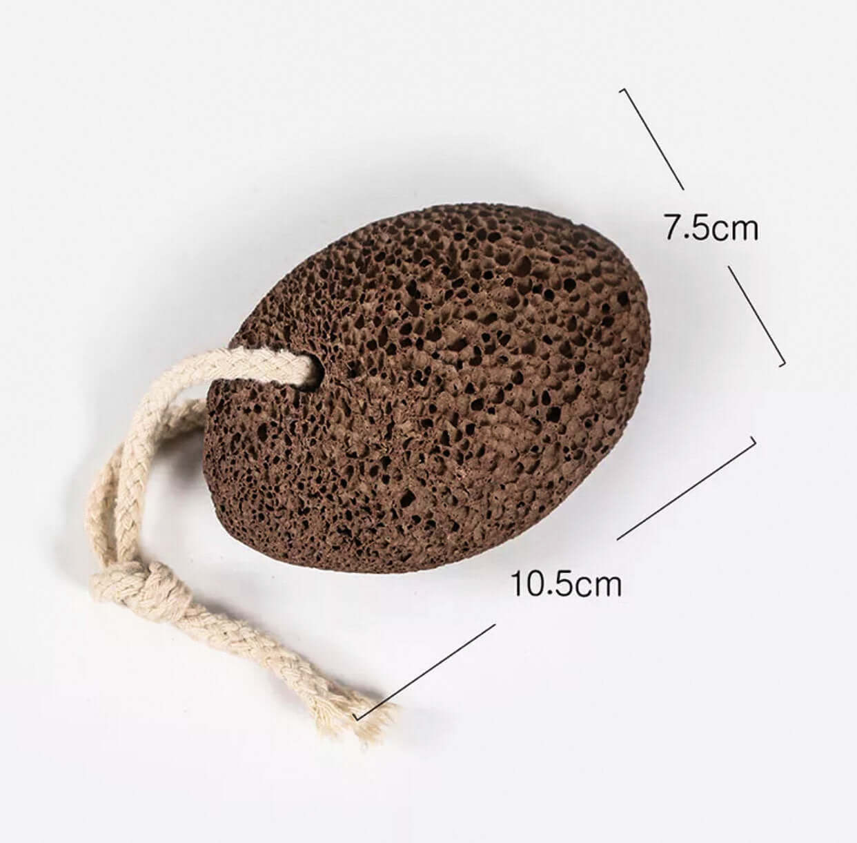 Natural lava stone pumice foot scrubber measures 10.5cm by 7.5cm, ideal for removing calluses and rough skin.