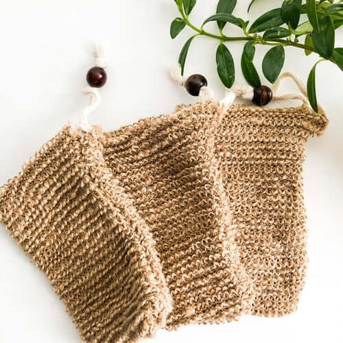 Natural organic jute soap bags for zero waste hygiene routines, perfect for skin peeling and soap transport.