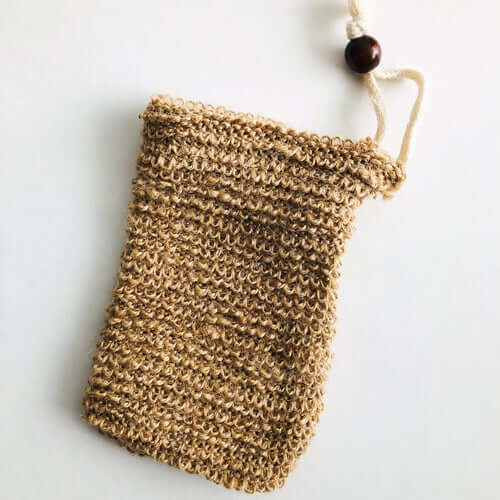 Natural jute soap bag for zero waste hygiene, perfect for skin peeling and soap transport.