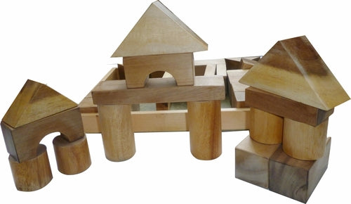 Natural wooden block set for kids, promoting creativity and imaginative play with unique shapes.