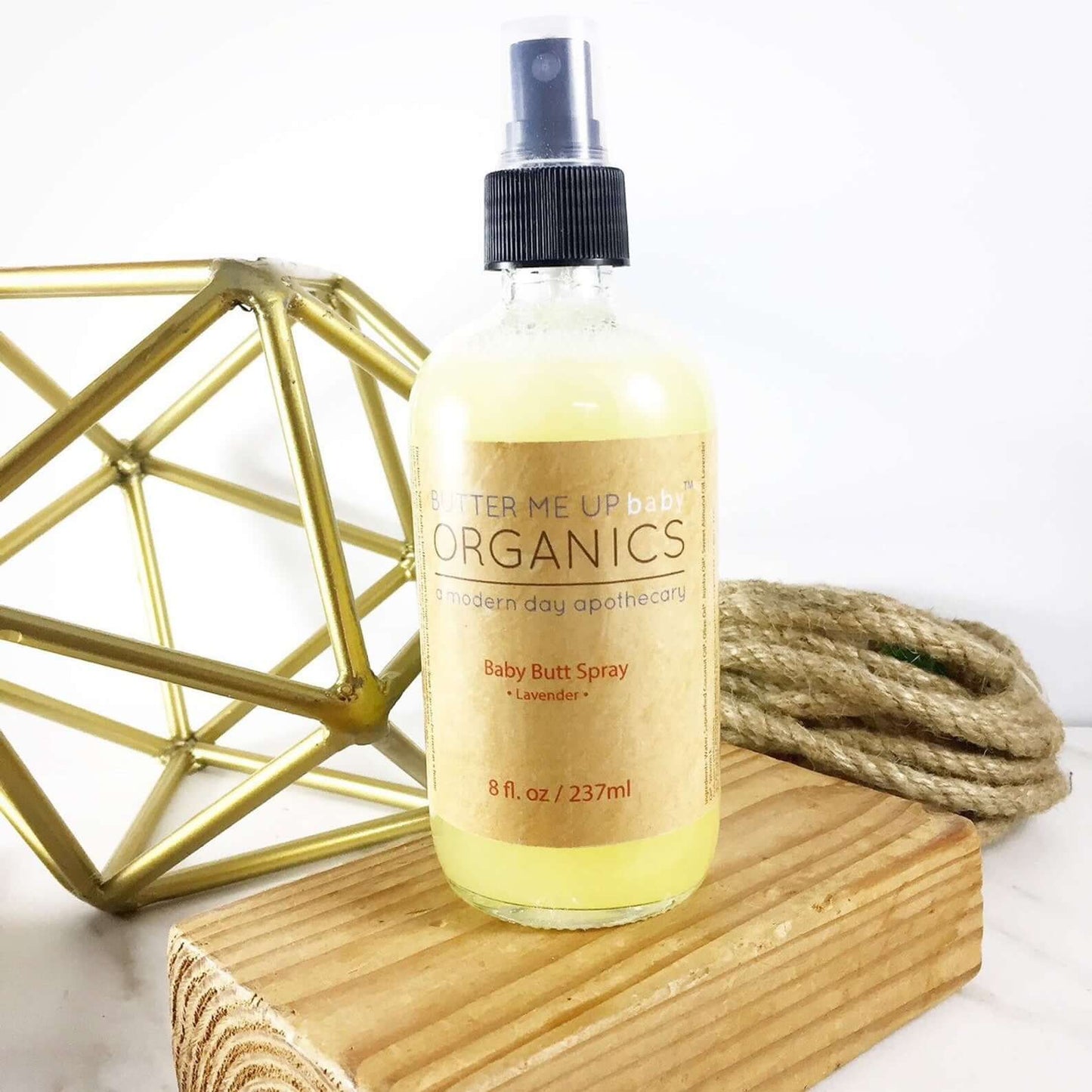 Organic Baby Butt Spray in an 8 oz bottle, featuring a lavender scent and pump mister for easy use during diaper changes.