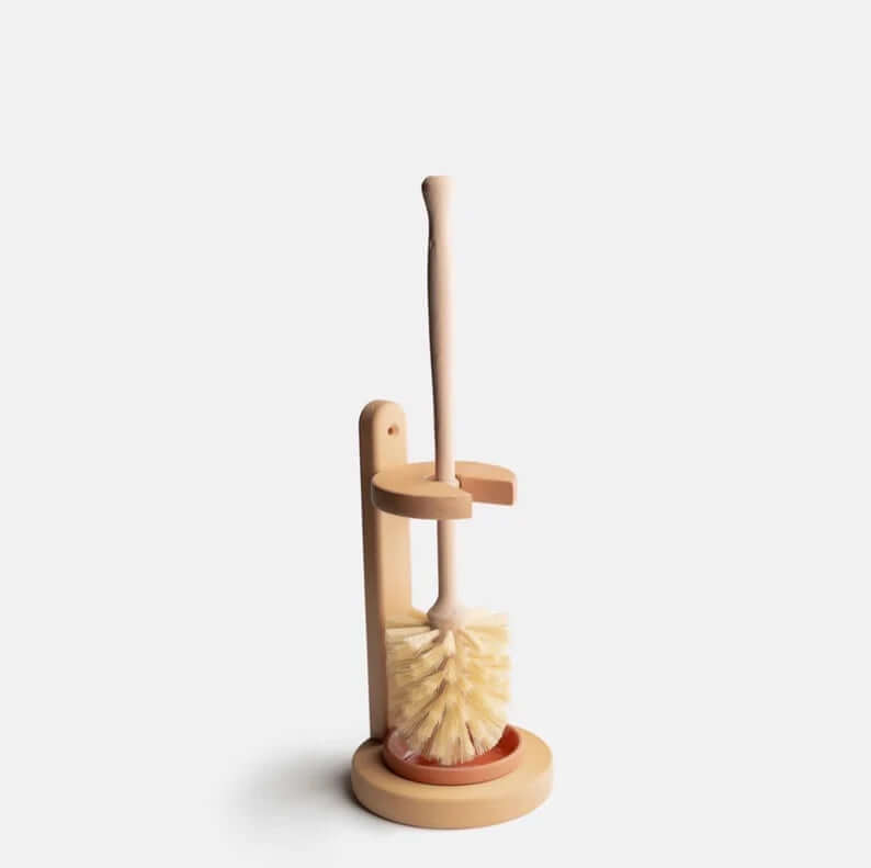 Plastic-free natural sisal bristles toilet brush with beechwood stand, eco-friendly and durable.