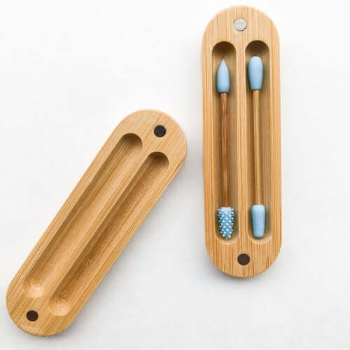 Eco-friendly bamboo case with reusable silicone Q-Tips, perfect for sustainable living and reducing plastic waste.