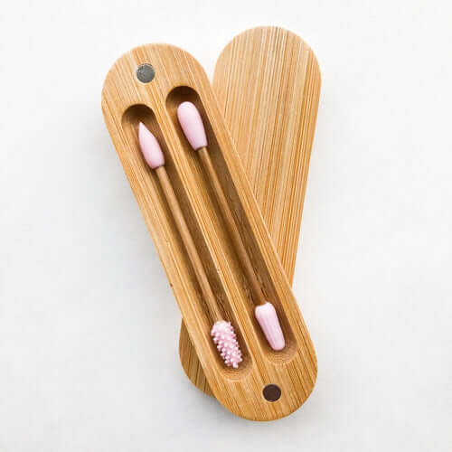 Reusable bamboo silicone Q-tips in an eco-friendly bamboo case, sustainable alternative to plastic cotton buds.