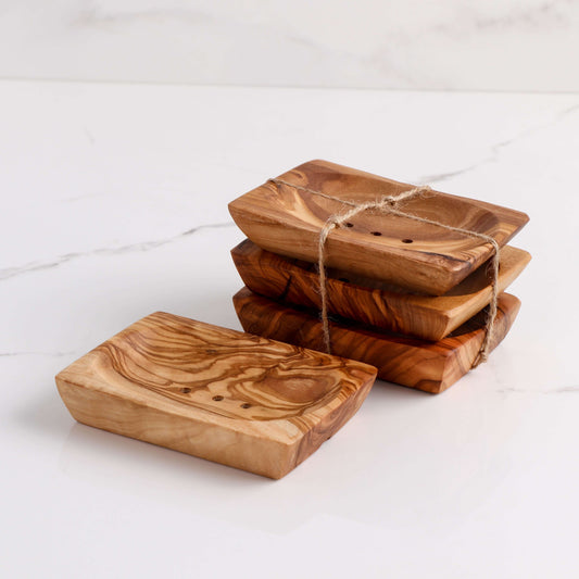 Set of 3 handmade olive wooden soap dishes with smooth edges, designed for drying soap and extending its lifespan.