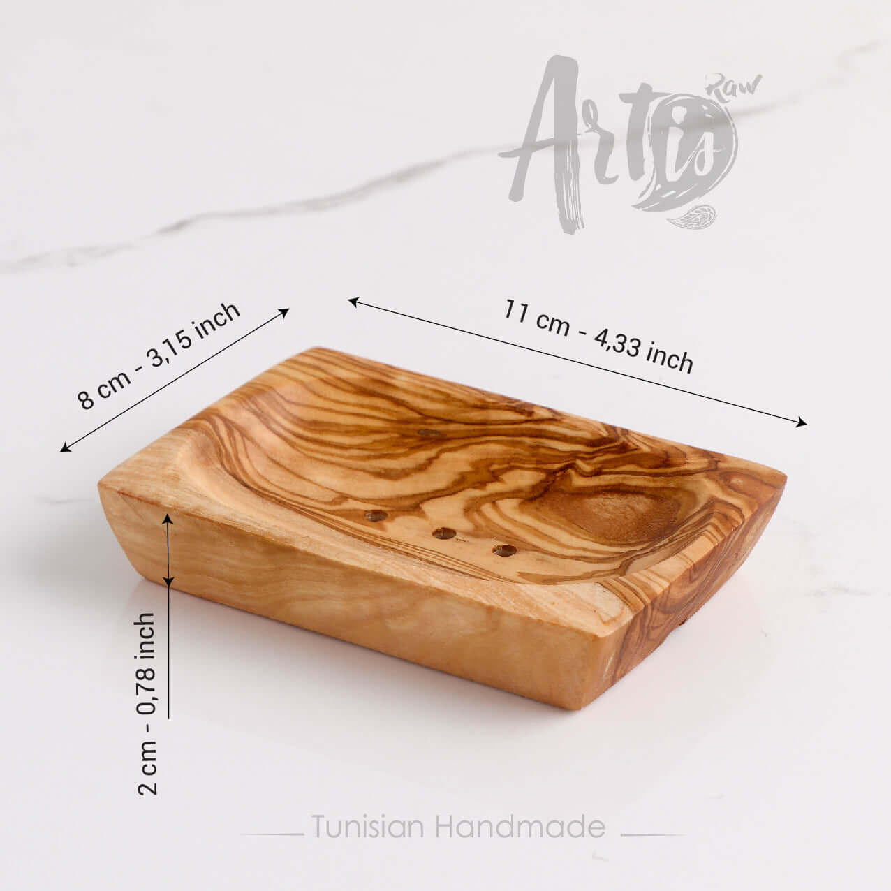 Handmade olive wood soap dish, rectangular shape with smooth edges, size 11cm x 8cm, eco-friendly and moisture-resistant.