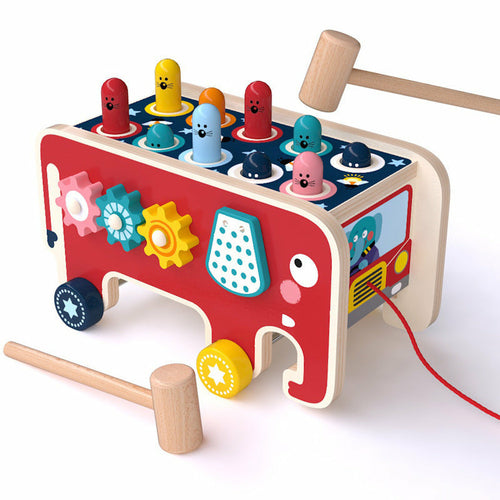 Colorful wooden pounding bench toy in the shape of a bus with animal figures, perfect for toddlers' fun and learning.