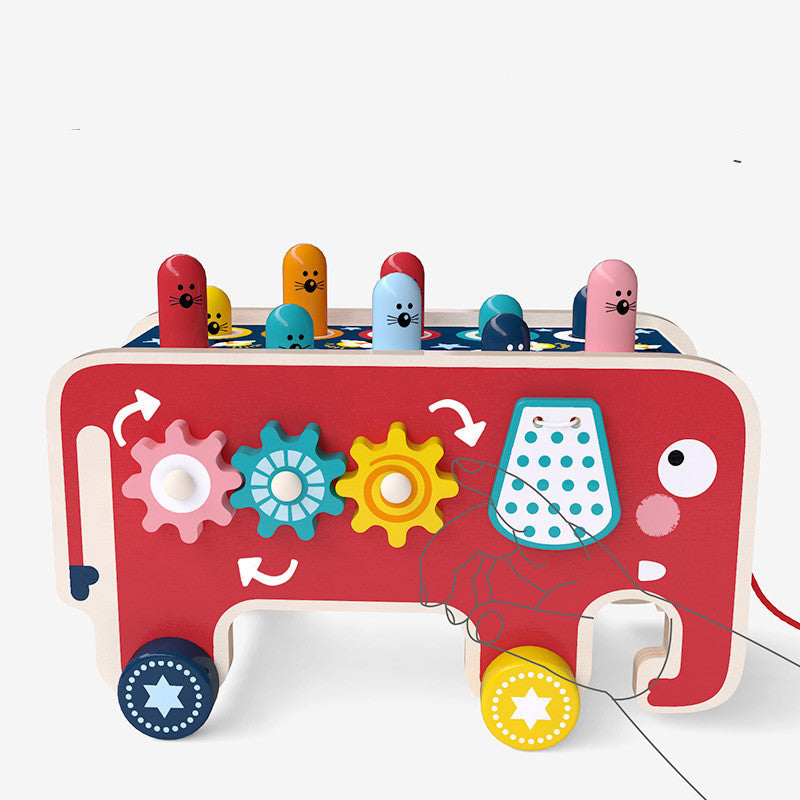 Colorful wooden animal bus toy for toddlers featuring gears and playful designs for educational fun.