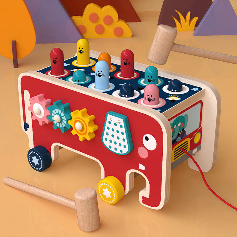 Colorful wooden pounding bench animal bus toy for toddlers, featuring playful characters and engaging activities.