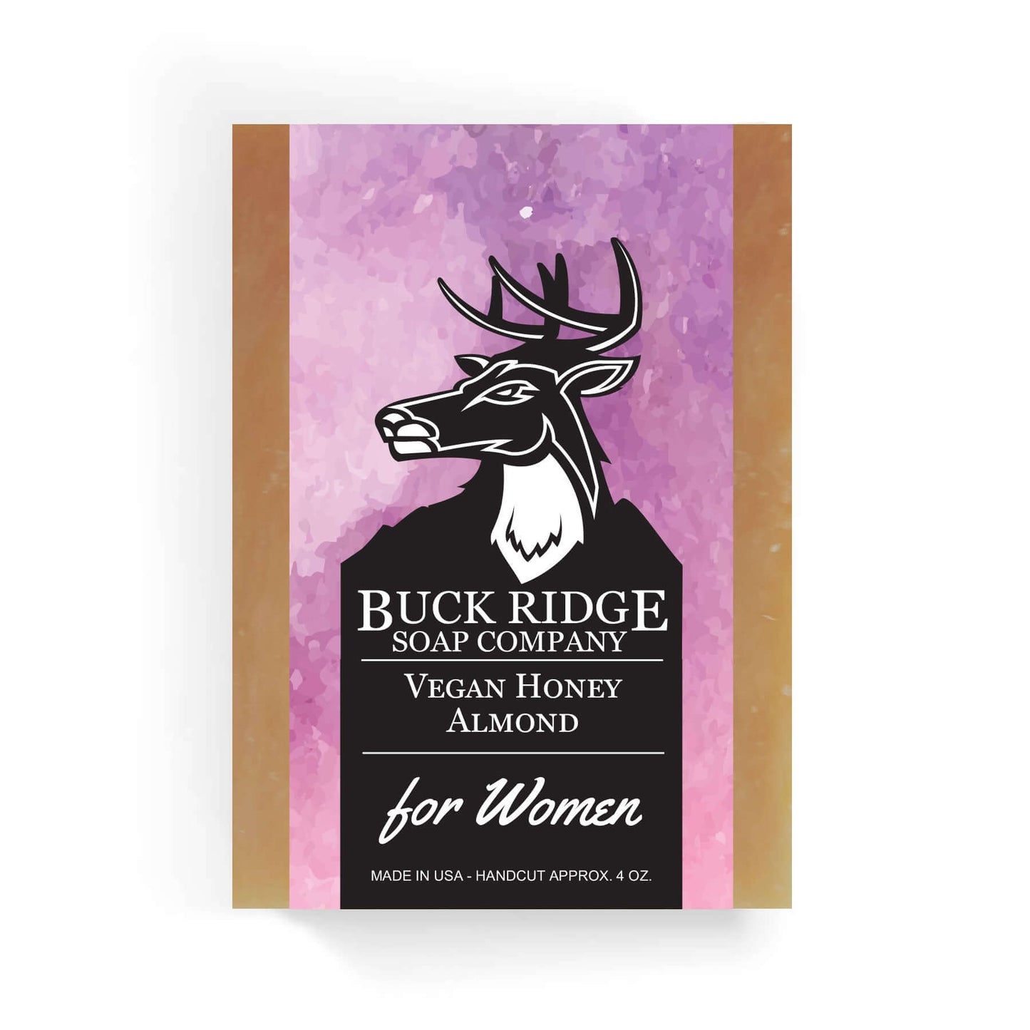 Vegan Honey Almond Handmade Soap packaging by Buck Ridge Soap Company for women, featuring a deer logo and vibrant design.