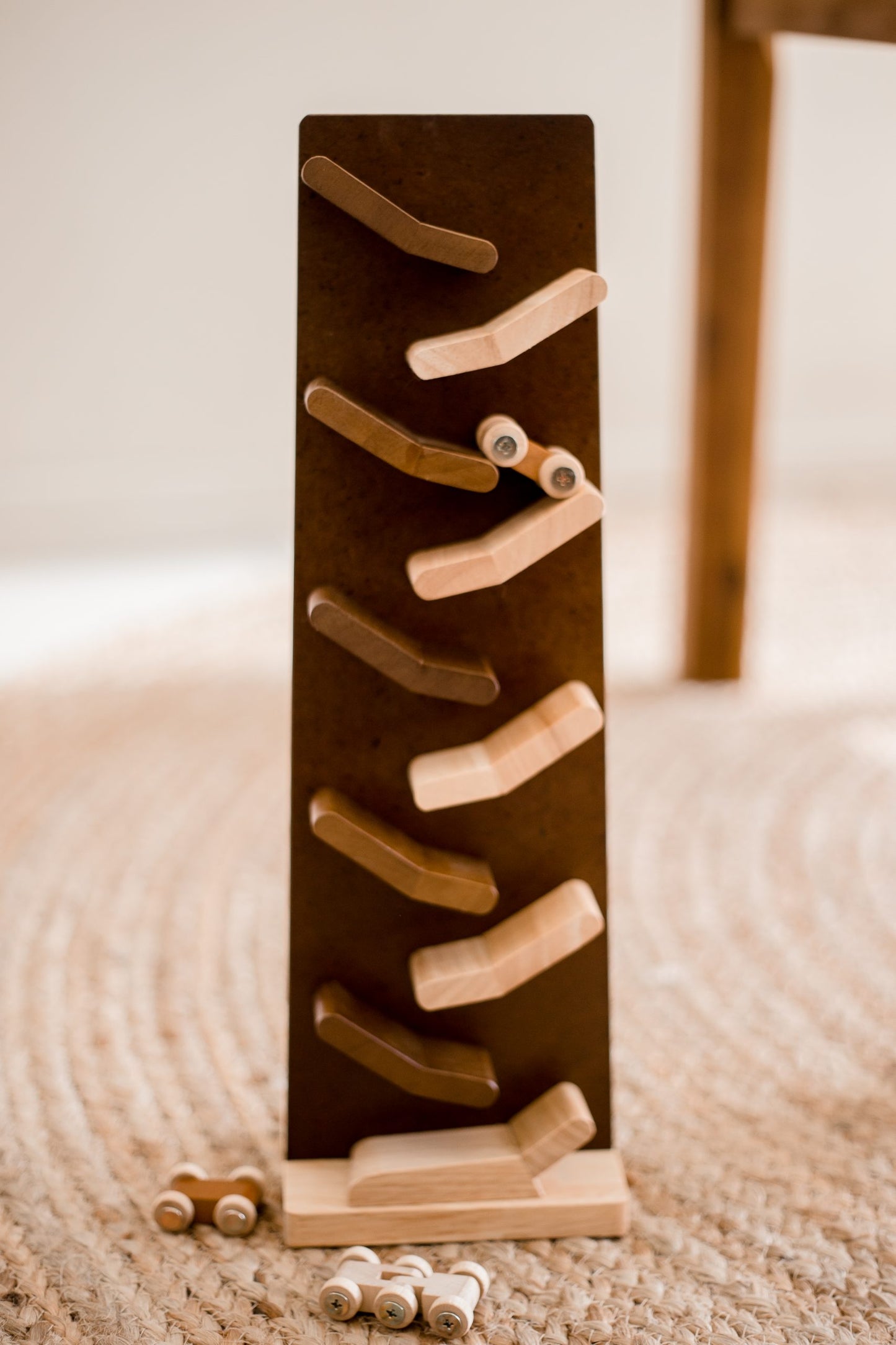 Zig Zag Racing Cars track with wooden cars ready for fun, providing excitement and safe play for kids.