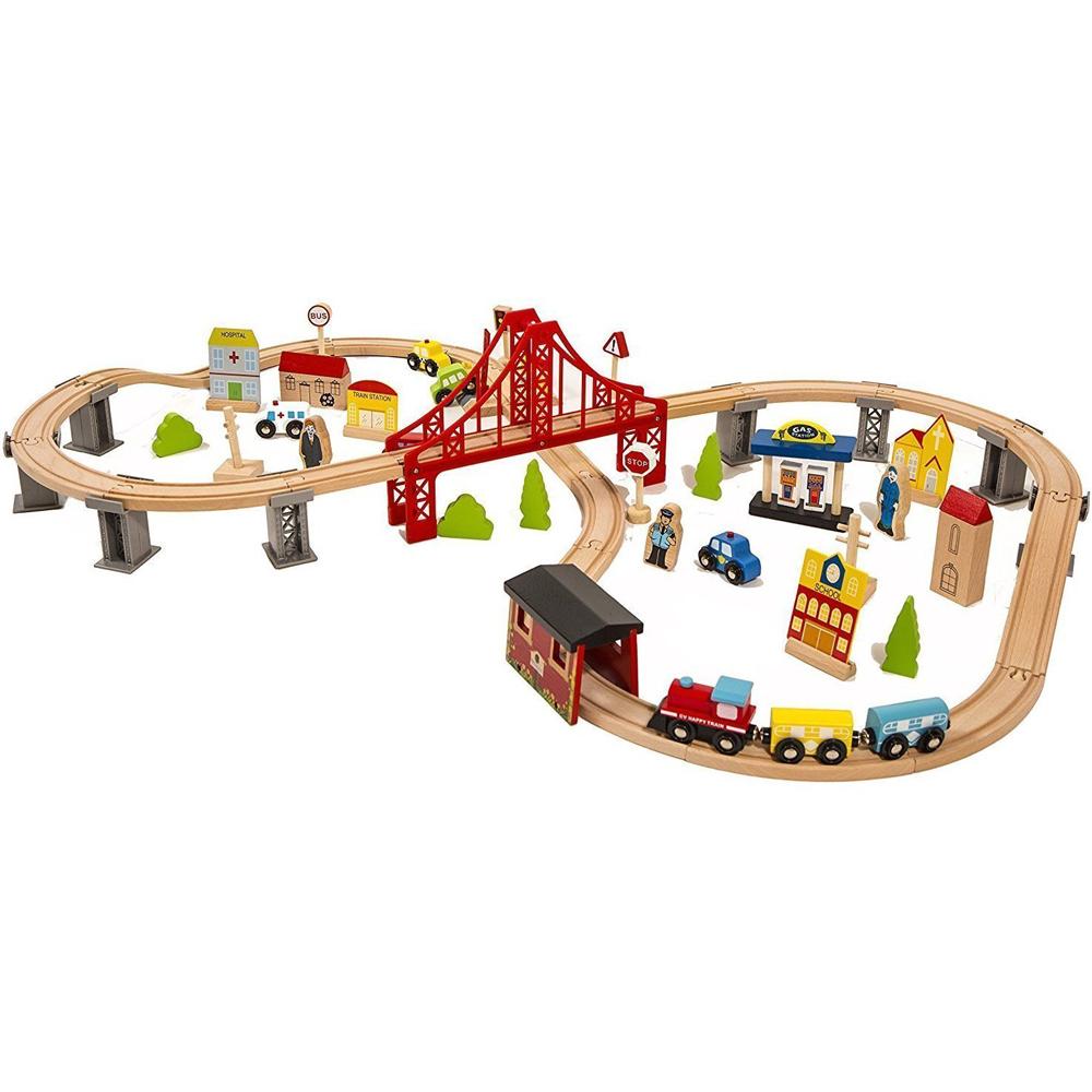 Colorful 70-piece handcrafted wooden train set with tracks, buildings, and vehicles for kids' imaginative play.