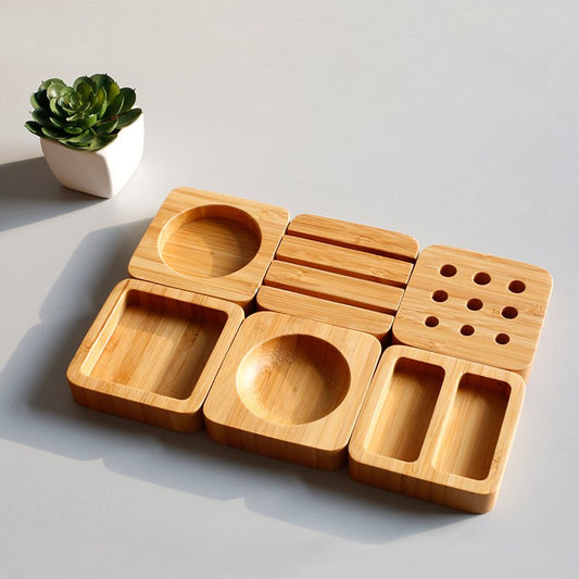 Bamboo desktop organizer set with 6 unique compartments for versatile storage solutions.