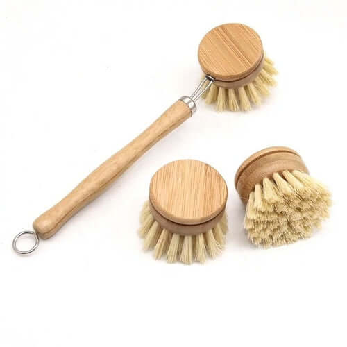 Bamboo sisal dish brush with replaceable heads for eco-friendly and sustainable kitchen cleaning.