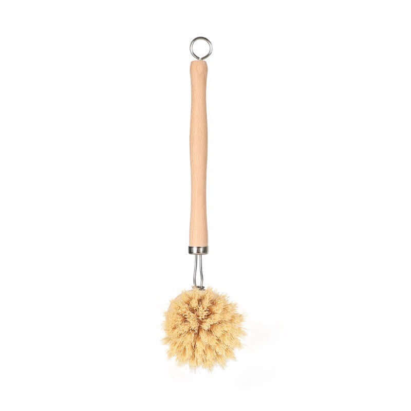 Bamboo sisal dish brush with a wooden handle, eco-friendly and zero waste kitchen tool.