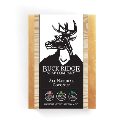 Buck Ridge All Natural Coconut Handmade Soap bar featuring eco-friendly packaging and a deer logo, weighing 4 oz.